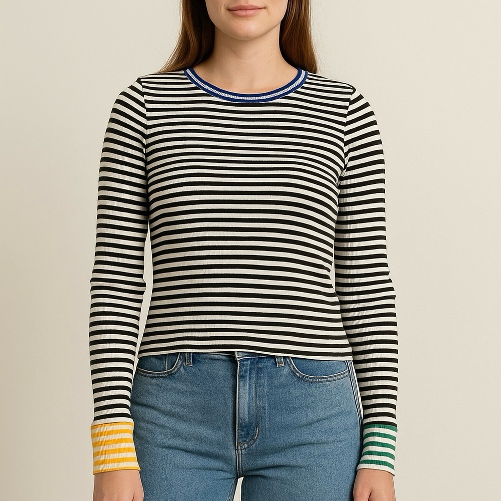 POPSUGAR Black White Striped Long Sleeve Top Size L | Preppy Classic